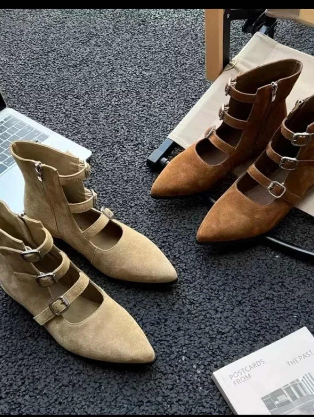 Retro Western Buckle Strap Ankle Booties| Women's Pointed Toe Low Heel Shoes wit